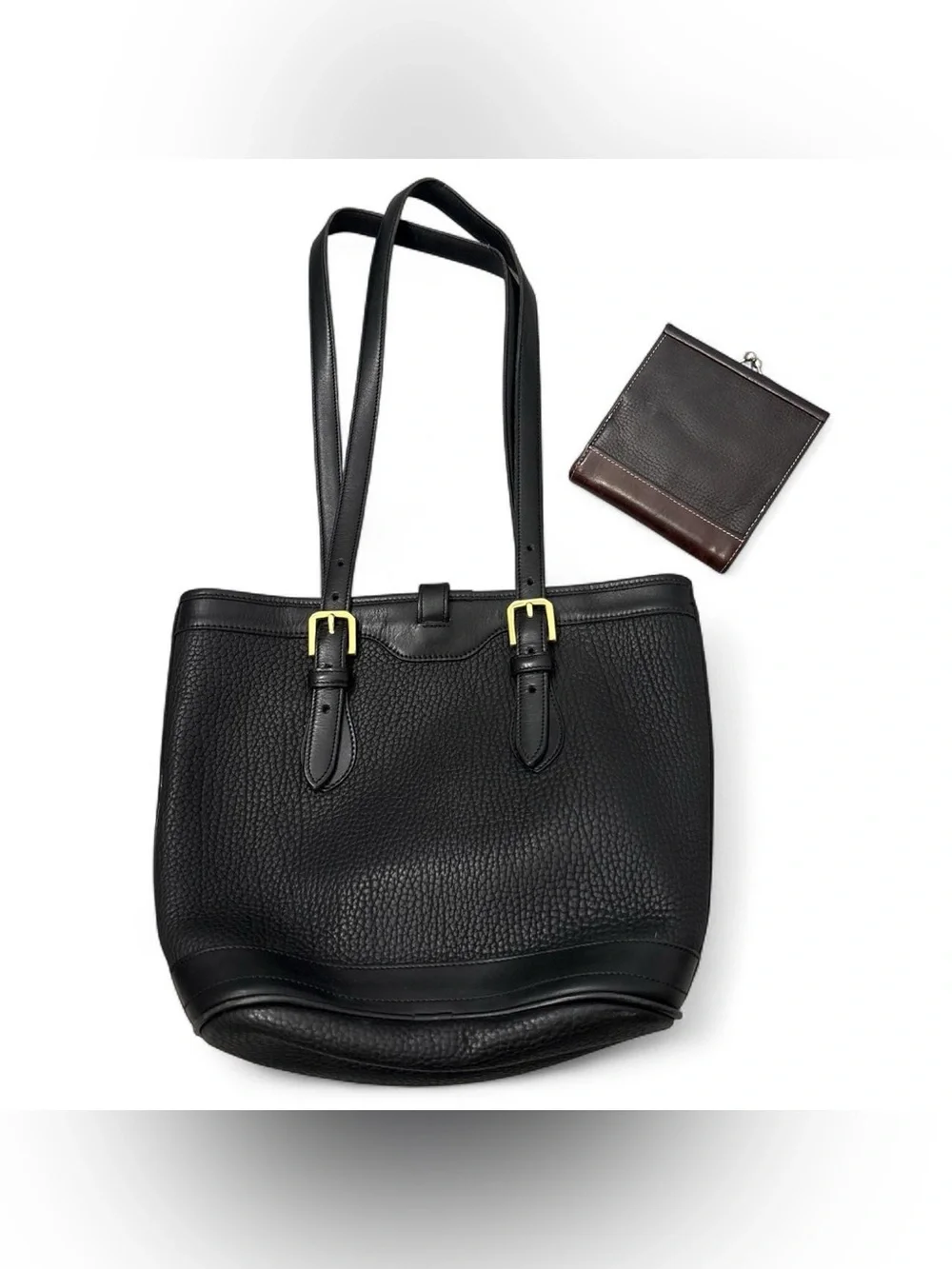 Vintage Dooney & Bourke Small Black Pebbled Bucket Bag with Brown Pebbled Wallet